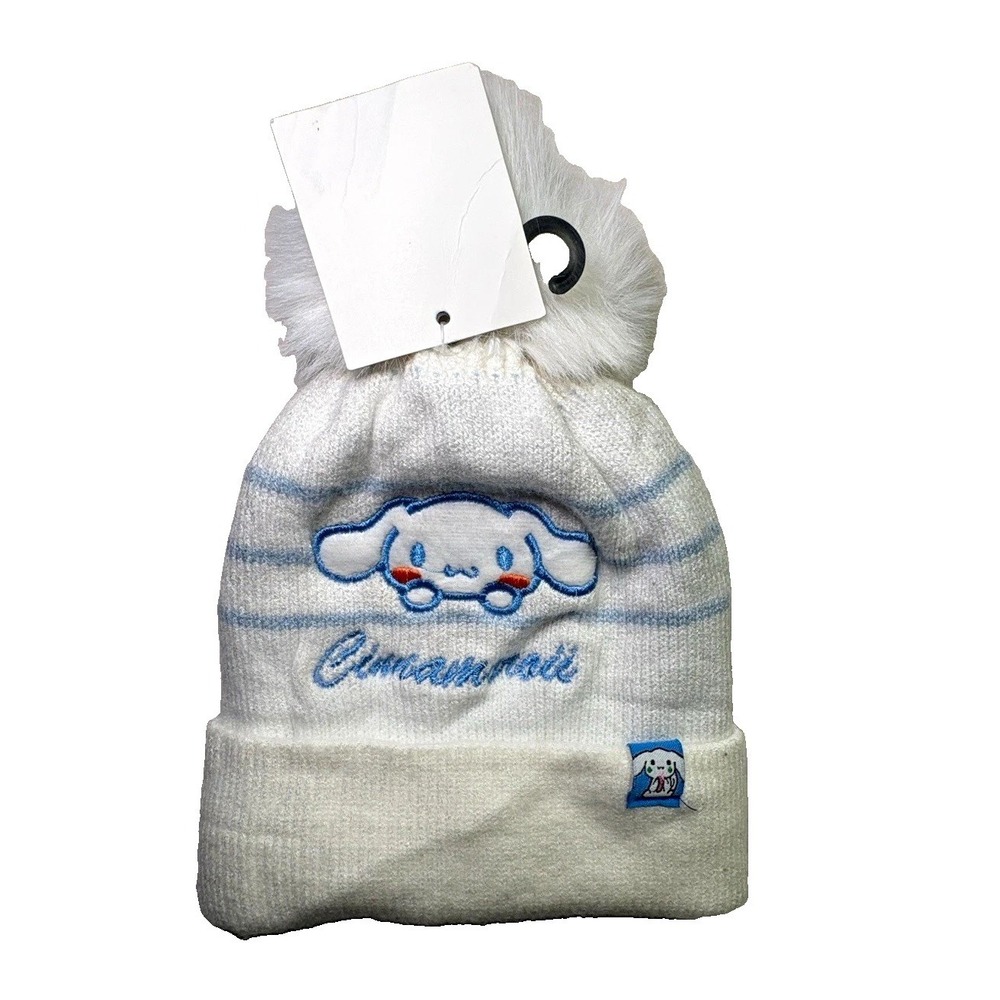 Cinnamoroll Sanrio Knit Striped Beanie Hat White/Blue Pom Pom One Size